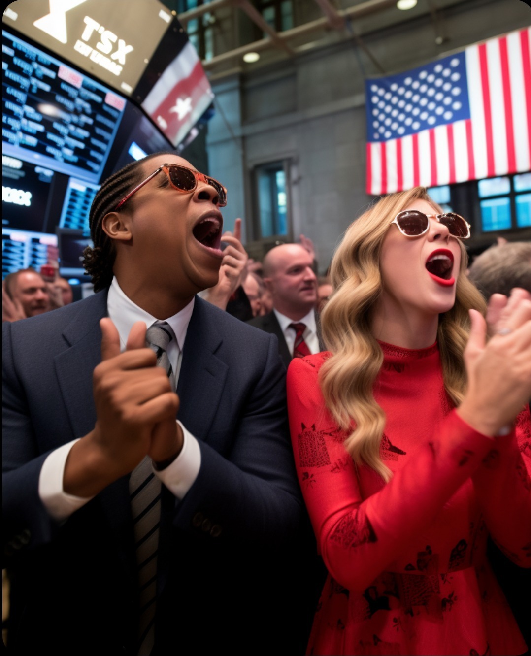 Artists celebrating at the stock exchange